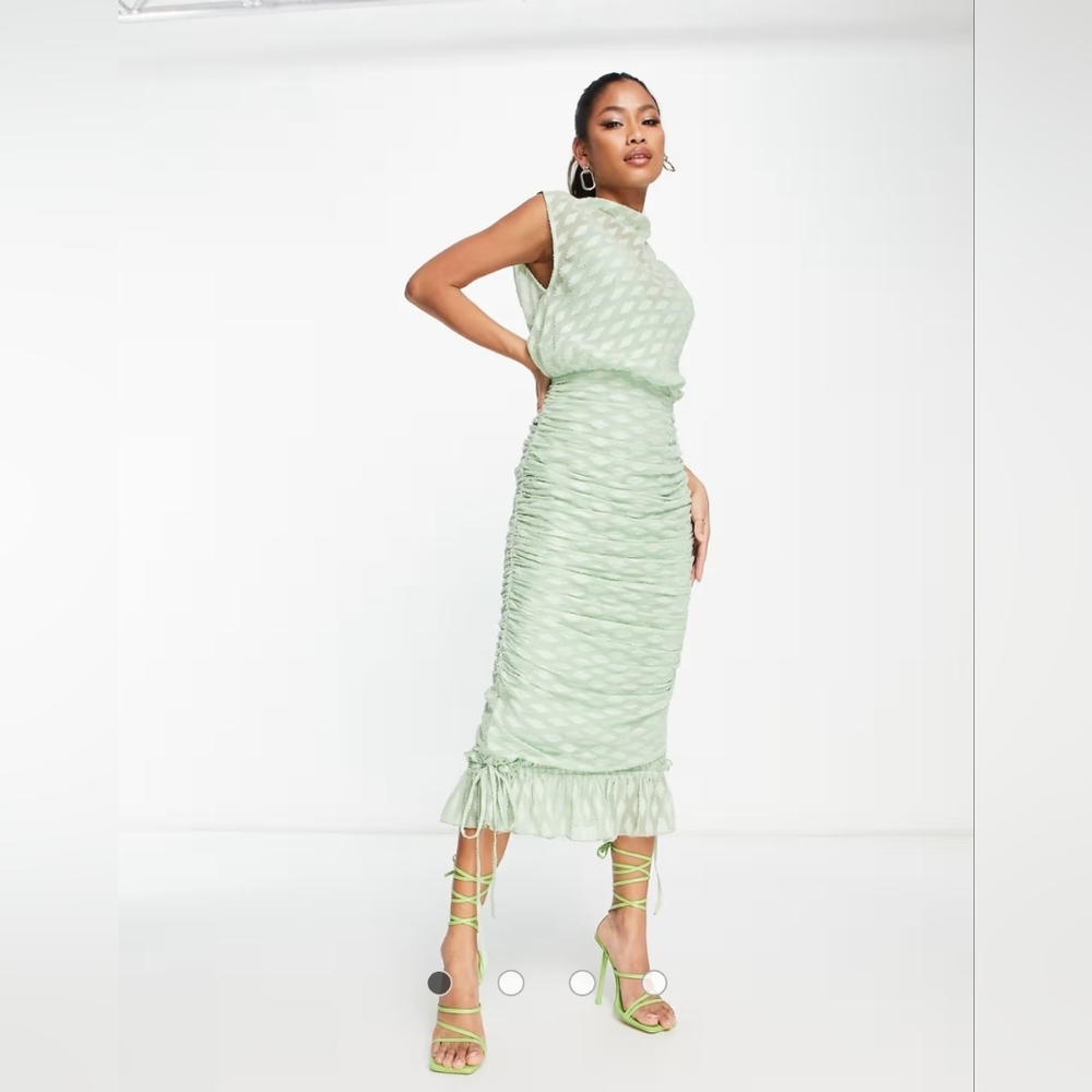 ASOS DESIGN high neck ruched midi dress in green textured pattern Size 4 NWT